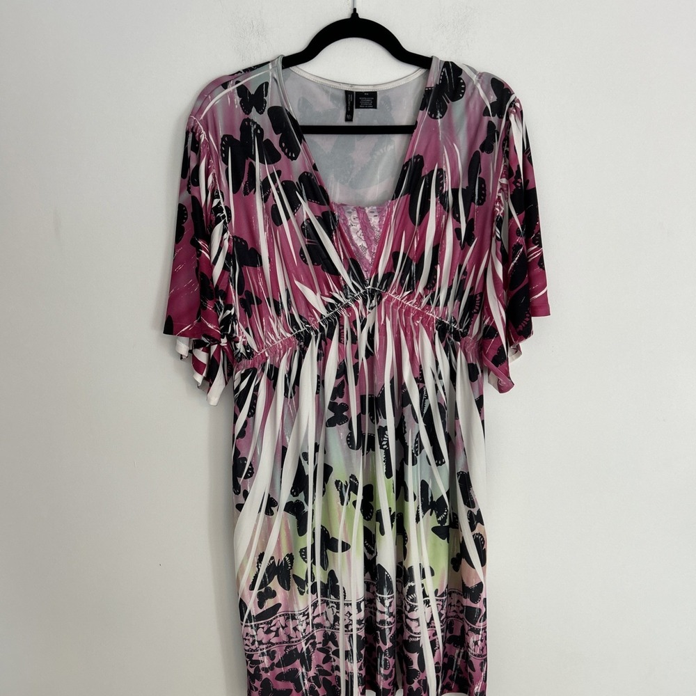 Women's 2X Butterfly Pink Lace V-Neck Bobo Hippie Short Wide Sleeve Summer Dress
